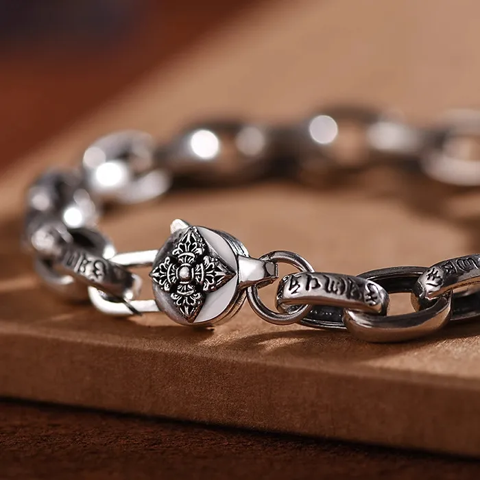 Authentic High Quality S925 Sterling Silver Six-Character Mantra Bracelet Men Women Retro Trend Jewelry