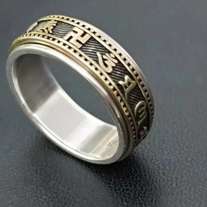 Authentic BOCAI New Real S925 Silver Ring for Men Rotatable Six Character Mantra Turning Good Luck Fashionable Student Jewelry Wholesale