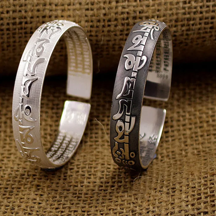 Authentic Classic Six Character Mantra bracelet for women silver 925 Retro Heart Sutra Open bangles for Men Banquet Jewelry