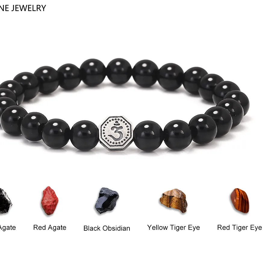 Authentic 8mm Natural Stone Beaded Bracelet for Men Women 925 Sterling Silver Vajra Six Words Mantra Charm Obsidian Agate Handmade Jewelry