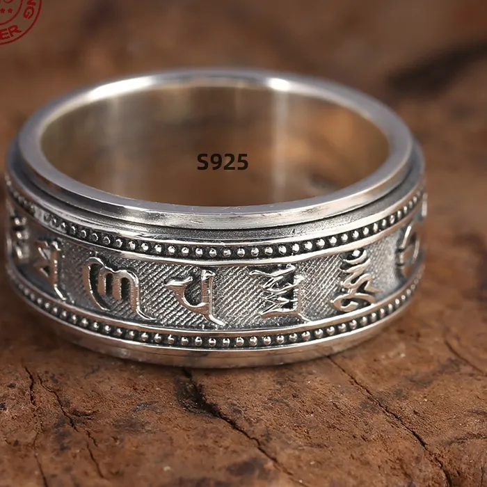 Authentic S925 Sterling Silver Ring Men Women Retro Buddhist Six-Character Great Mantra Ring Male Female Amulet Jewelry Exquisite