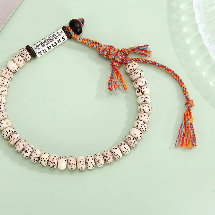 Authentic Tibetan Buddhism Six Words Mantra Beaded Bracelet Handmade Thread Rope Knot Amulet Prayer Wooden Beads Bracelets Men Women Gift