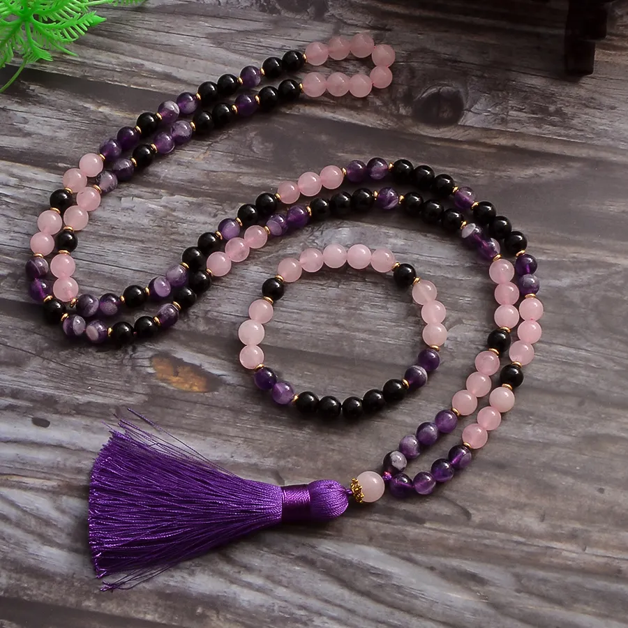 Authentic The Trinity Harmony Mala: A Sacred Vessel of Amethyst, Onyx, and Quartz