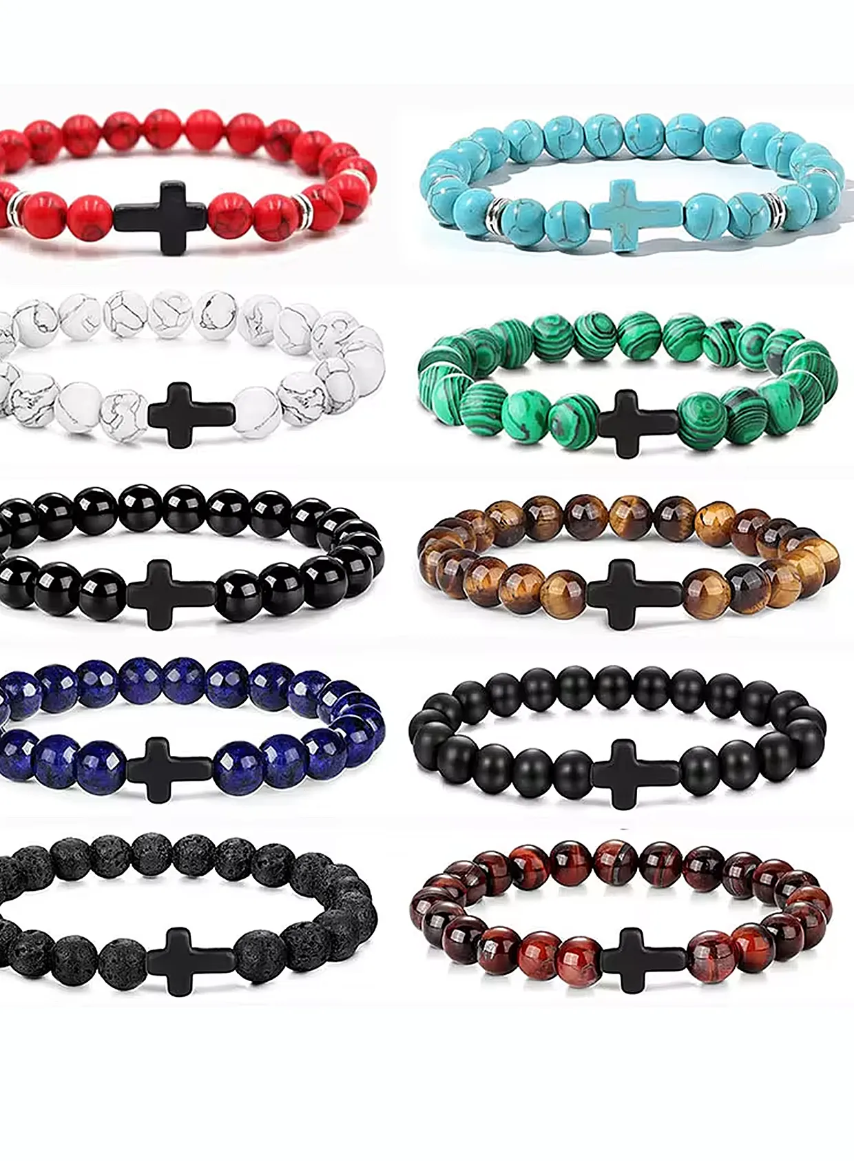 Authentic Prayer Men Natural Stone Wood Beads Rosary Hematite Cross Bracelets Onyx Meditation Bracelet Women Yoga Jewelry Homme Pulsera