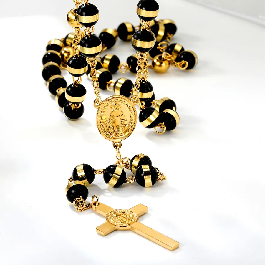 Authentic LUXUKISSKIDS Rosary Cross Pendant Necklace Black Beads Catholic Christian Jewelry for Woman/Men Stainless Steel Prayer Accesorie