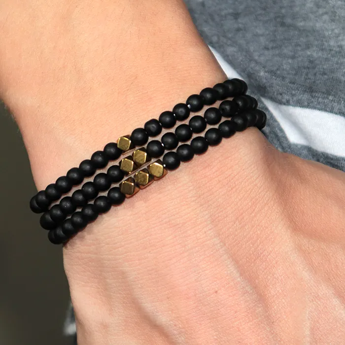 Authentic Fashion 4mm Black Matte Stone Bracelet Set Men Minimalist Prayer Beads Braclet Wristband Jewelry Homme Leisure Charm Accessories