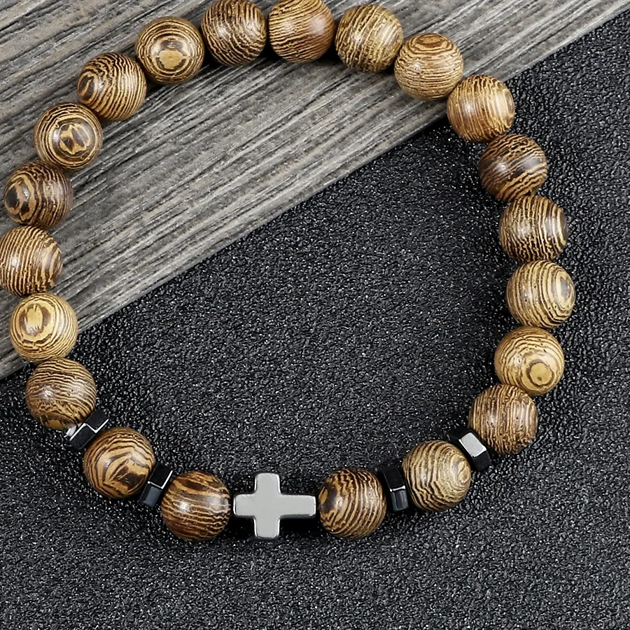 Authentic Prayer Men Women Bracelet Hematite Cross Rosary Natural Stone Beads Jesus Onyx Meditation Bracelets Bangles Jewelry Gift Pulsera