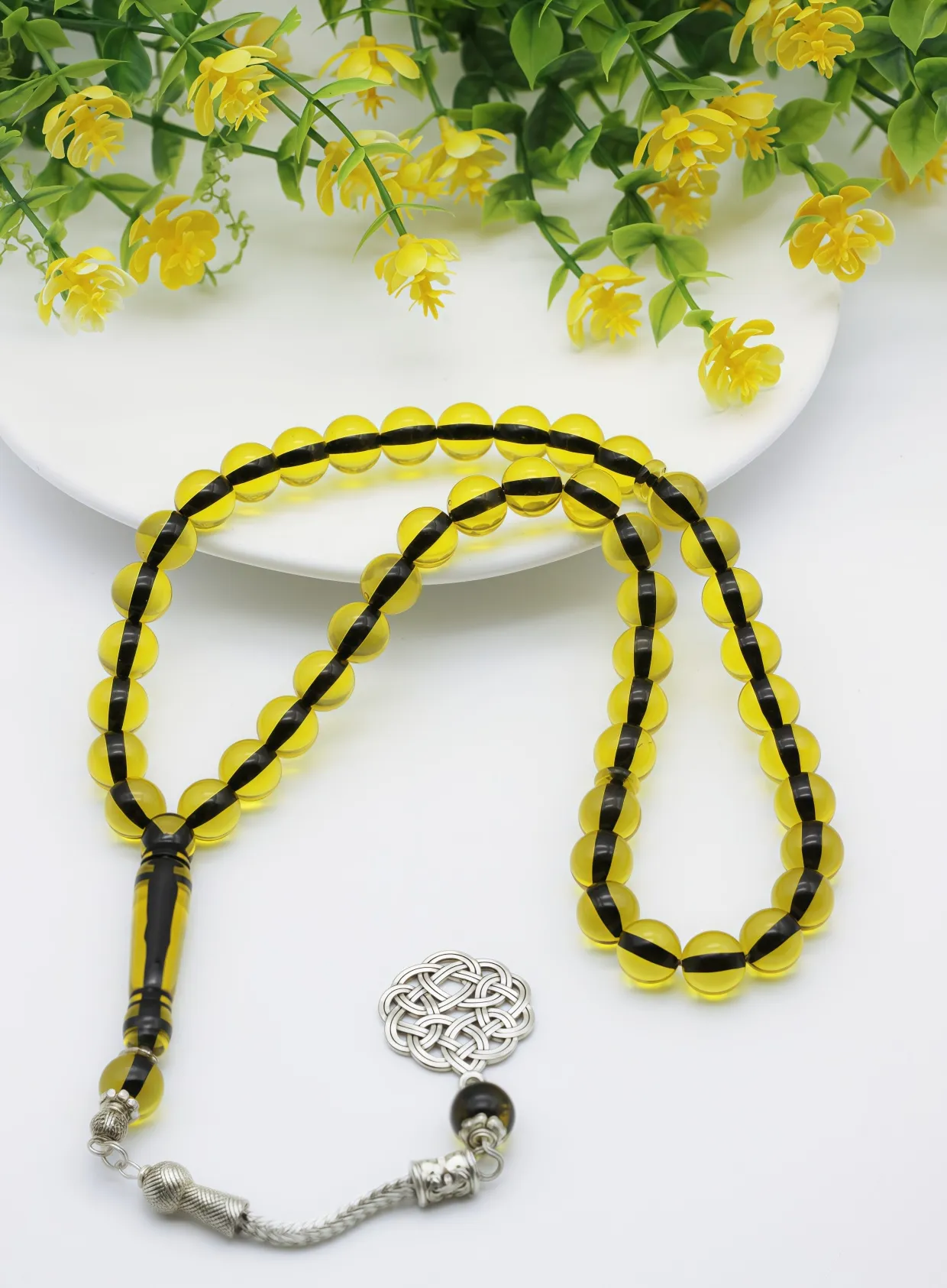 Authentic Celestial Harmony Tasbih - Golden Foil Multicolor Resin Prayer Beads with Sacred Celtic Knot Talisman