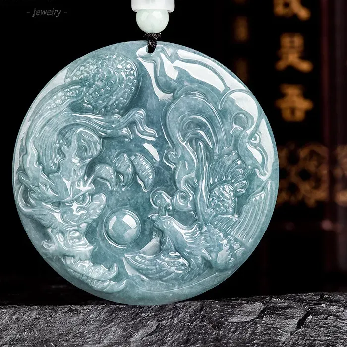 Authentic Natural A-goods Jadeite Blue Water Dragon and Phoenix Pendant Exquisite Simple Men and Women Couples Necklace