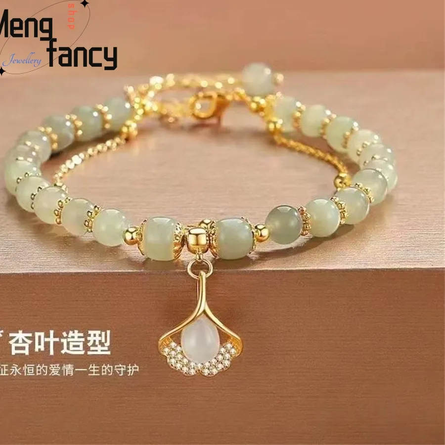 Authentic Natural Hetian Jasper Three Lifetimes Have Apricots Meet You Double Apricot Leaf Bracelet Exquisite Charm Luxury Jewelry