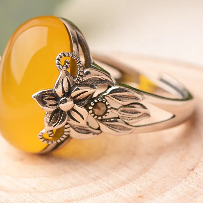 Authentic Vintage Jade Egg-shaped Ring Female Index Finger Accessories Temperament Flower Ring Women Jewelry Adjustable