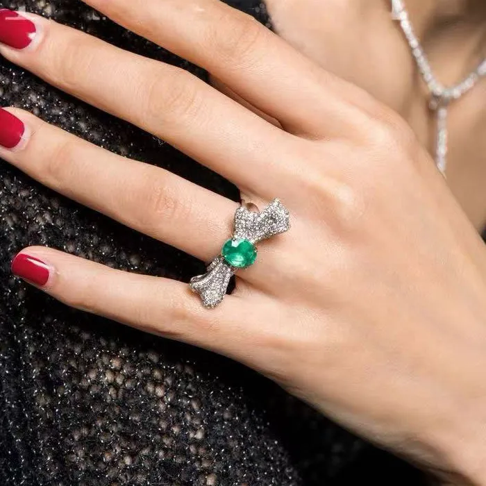 Authentic Light High- End Peacock Emerald Rings Elegant Style Bowknot Silver 925 Inlay Diamonds Ring Jewelry