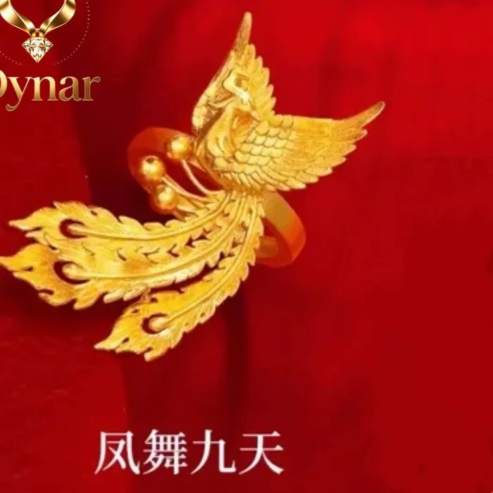 Authentic Dynar Jewelry Women's 24K Gold (AU999) Gradient Phoenix Ring | Gradient matte wings, hammered glow with enamel tip