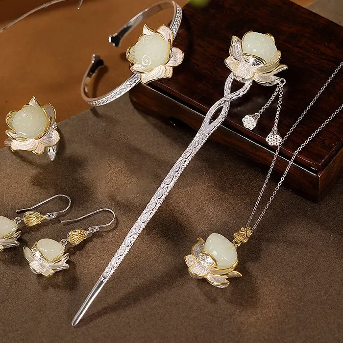 Authentic Classic Lotus Flower Jewelry Sets Natural Hotan Jade Various Exquisite Ring Earrings Pendant Hairpin Brooch Bracelets