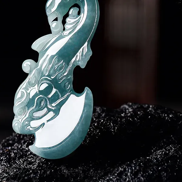 Authentic Natural Jadeite Blue Water Dragon-and-Phoenix Axe Pendant Stylish Charming Ice-Type Jade Necklace Perfect Holiday