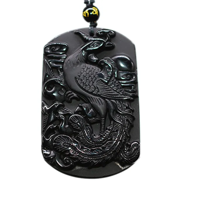 Authentic Black Obsidian Phoenix Necklace Pendant Big Bird Jewelry Amulet Black Lucky Jewelry