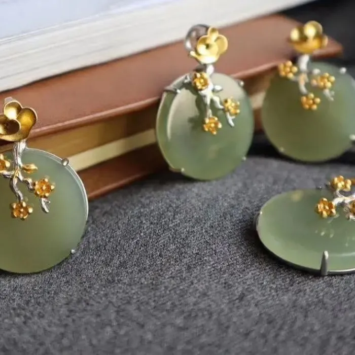 Authentic Blossoming Vitality: Hetian Green Jade Plum Blossom Branch Pendant