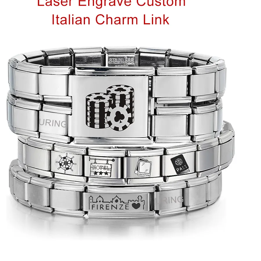 Authentic URING Customized Laser Engrave Italian Charm Link Fit 9/18mm Bracelet Women Men Jewelry DIY Making Beads