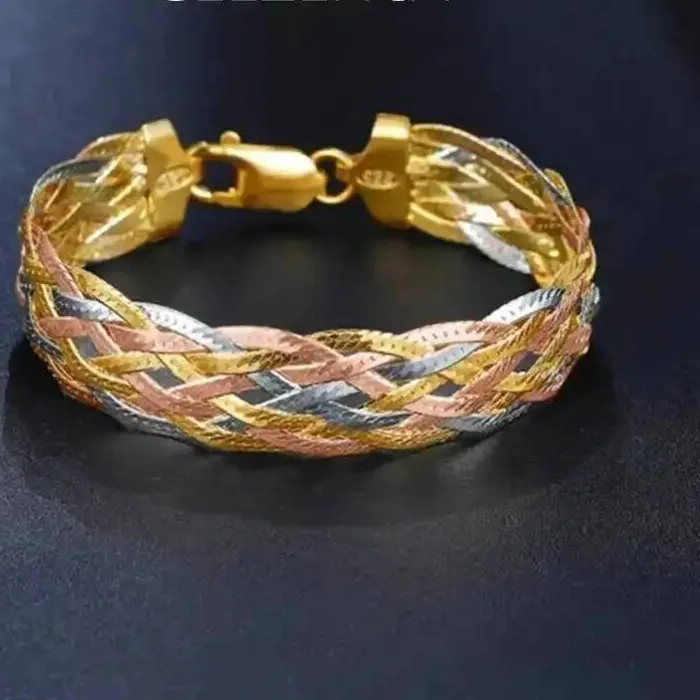 Authentic Real 925 Sterling Silver Three Color Gold Plated Multi Threads Woven Bracelets For Women Italian Jewelry Trendy Luxury Bracelets