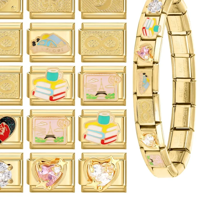 Authentic FUNIQUE Retro Charm Bracelet Airplane Rose Checkerboard Italian Charm Links Fit 9mm Stainless Steel Bracelet Jewelry DIY Making