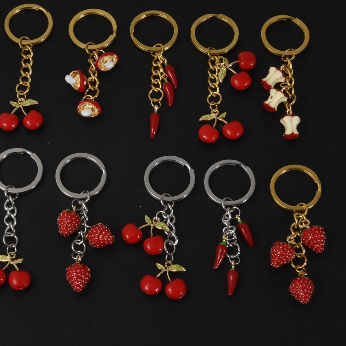 Authentic Vintage Italian Red Horn Keychain Red Enamel Chili Fruit Strawberry Cherry Mushroom Apple Pendants Keyring Jewelry Charms Gifts