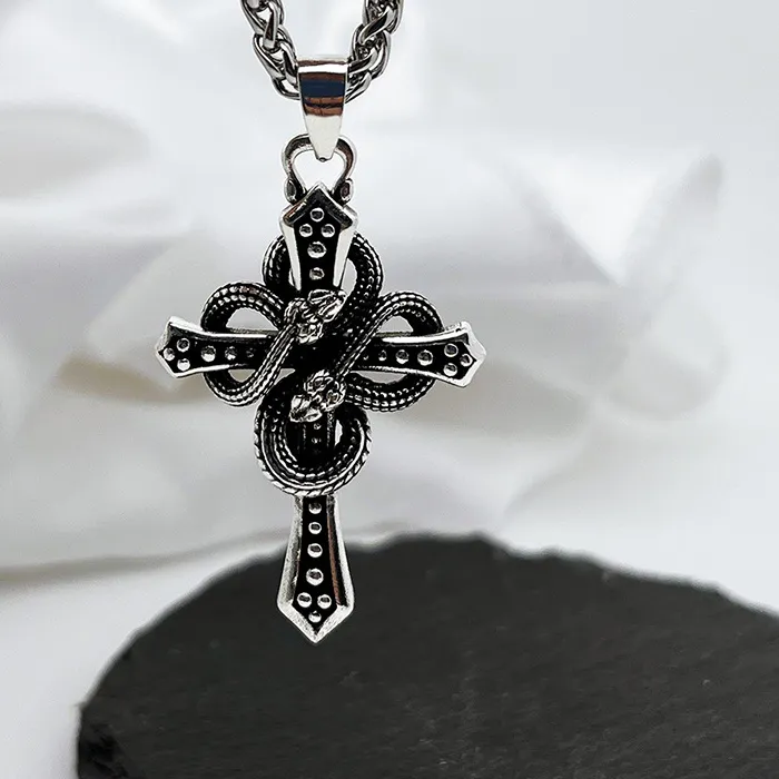 Authentic Two Tone Snake Wrapped Thorn Cross Pendant Necklace Hip Hop Lucky Auspicious Blessing Gothic Long Sweater Chain