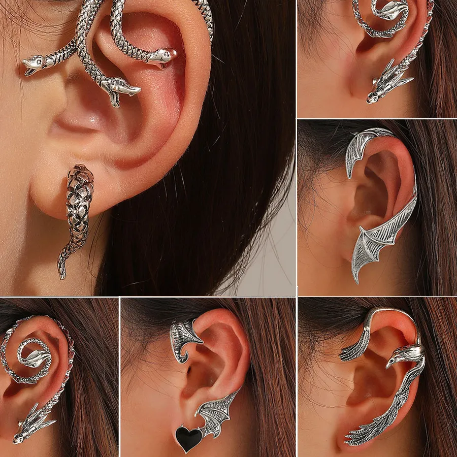 Authentic Gothic Three Headed Snake Earrings For Women Jewelry Vintage Elf Wing Ear Cuffs Earrings For Whole Ear 2026 Trendy Metal Jewelry