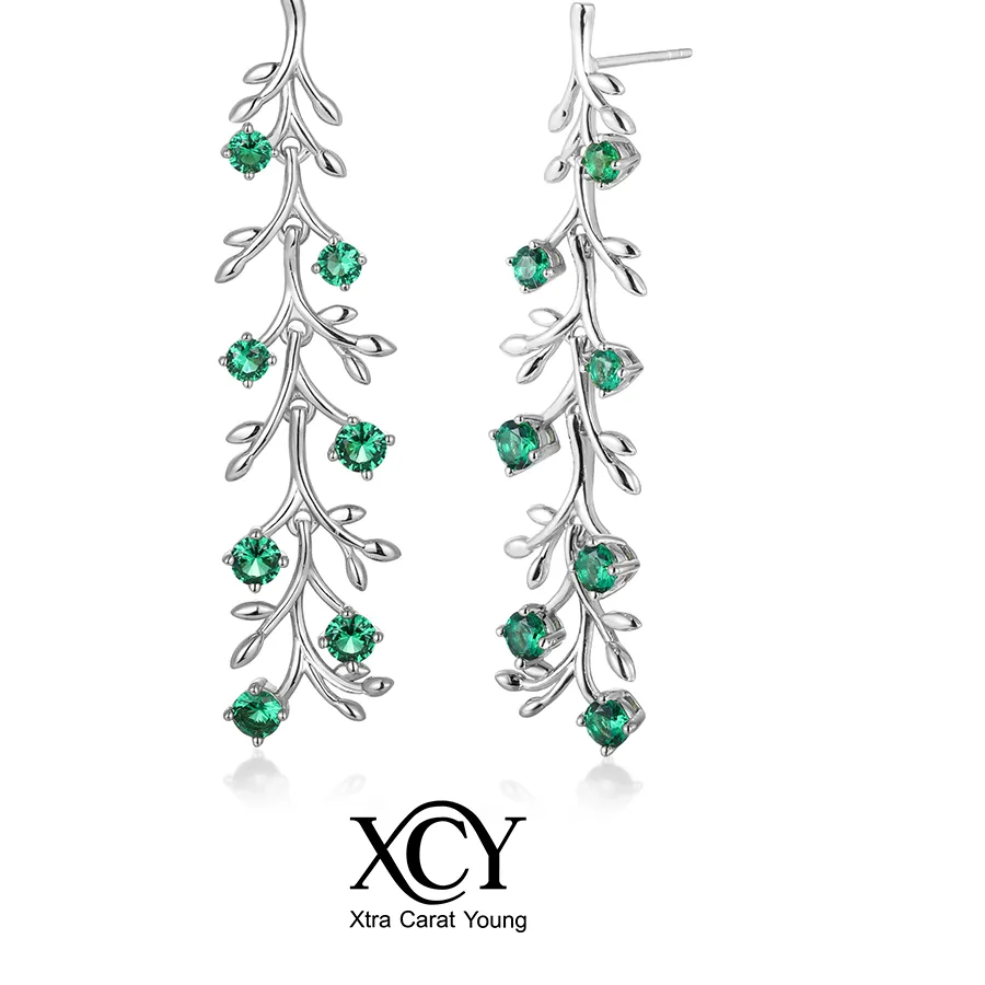 Authentic XCY 50MM Lab-grown Emeralds Drop Earrings Sterling Silver Branch-shaped Elegant Dangle Earrings Wedding Party Jewelry for Women
