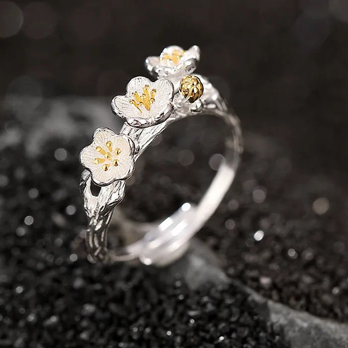 Authentic 925 Sterling Silver Flower branch Open Rings For Women Hypoallergenic jewelry