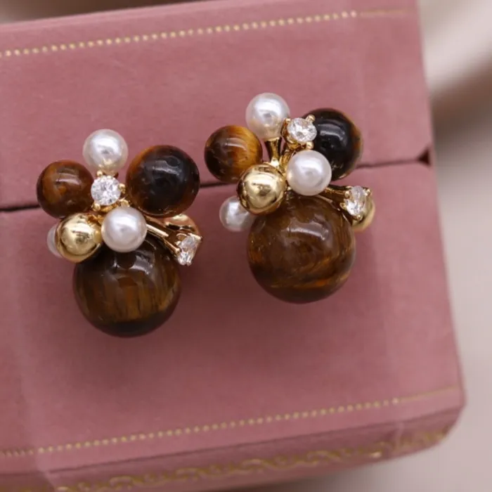 Authentic Korean new design fashion jewelry 14K gold plated popcorn brown stone beads retro earrings elegant women's daily accessories