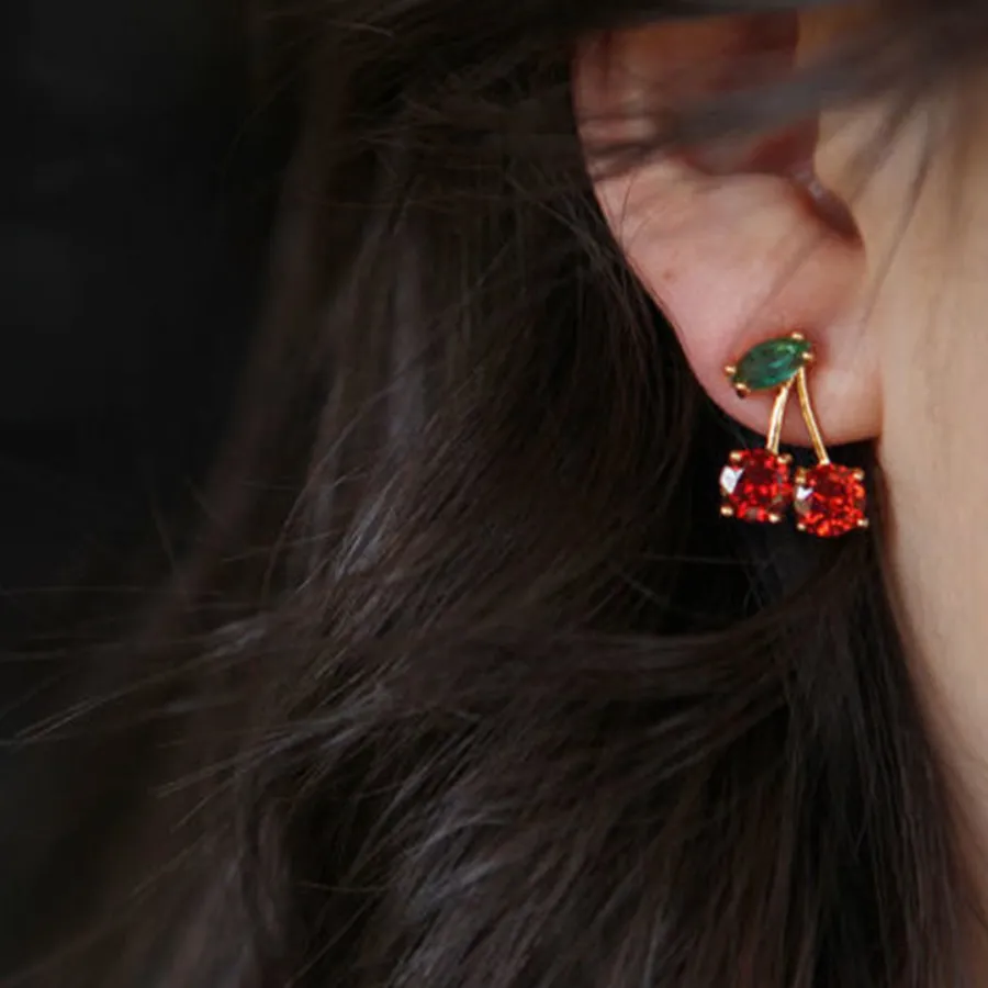 Authentic Cute Green Branches and Leaves Red Cherry Crystal Stud Earrings for Women New Temperament Korea Bride Jewelry Accessory Gift
