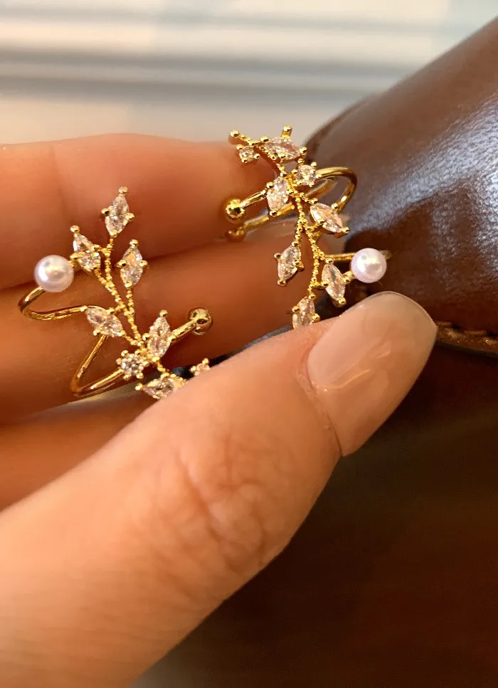 Authentic Korean new design fashion jewelry 14K gold plated zircon wheat ears without piercing ear cuff elegant women's daily accessories