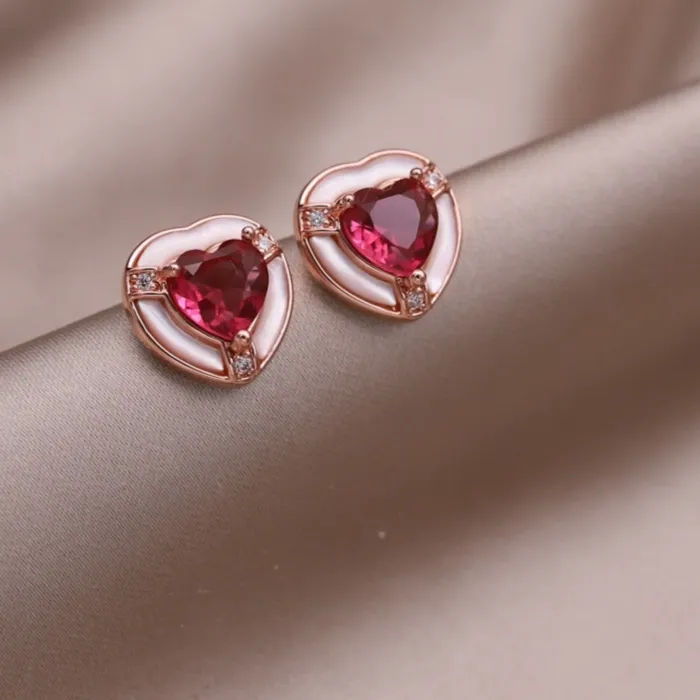Authentic Korean new fashion jewelry 14K rose gold plated simple love rose red zircon shell earrings elegant women's daily accessories