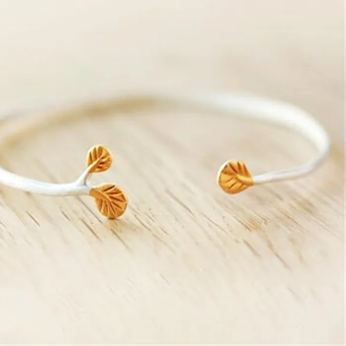 Authentic New Fashion Jewelry Creative Personality 925 Sterling Silver Bracelets Leaf Branch Golden Leaves Exquisite Opening Bangles B136