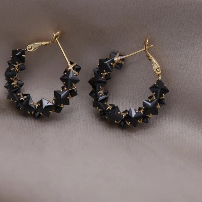 Authentic South Korea new design fashion jewelry 14K gold plated black zircon hoop earrings elegant women's party accessories