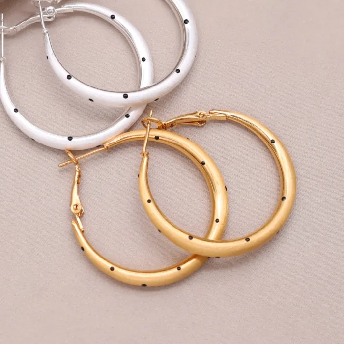 Authentic Korean new fashion jewelry 14K gold plated round metal drawing enamel polka dot hoop earrings elegant women's daily accessories