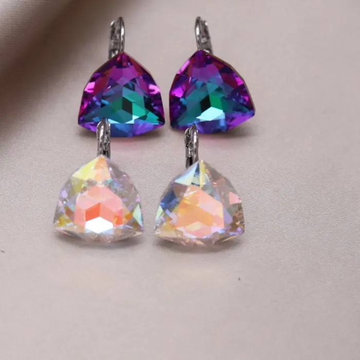 Authentic Korean design jewelry silver plated luxury color crystal triangle earrings elegant women's party flash accessories
