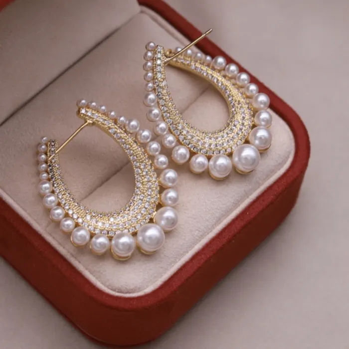 Authentic Korean new fashion jewelry 14K gold plated luxury U-shaped zircon pearl earrings elegant women's evening party accessories