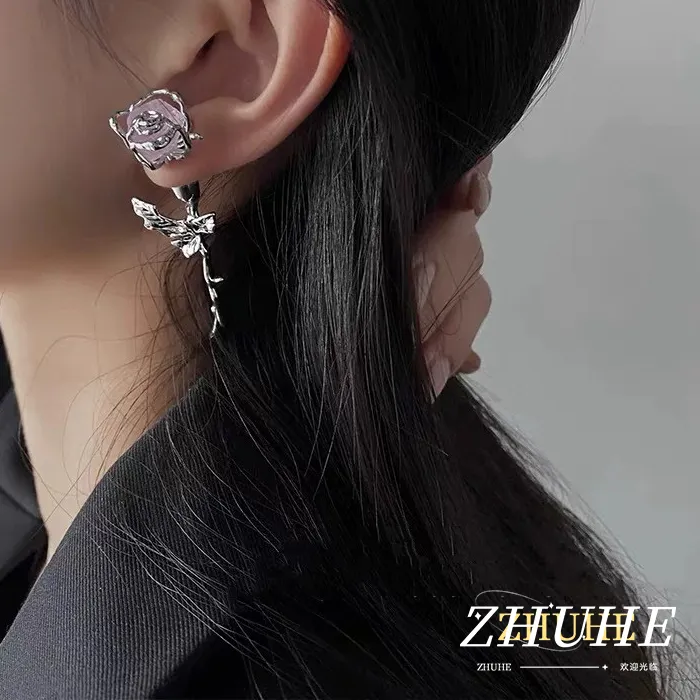 Authentic Jewelry Accessories Copper Material Purple Crystal Rose Earrings For Women Unique Thorn Branch Design Drop Studs Vintage Aesthet