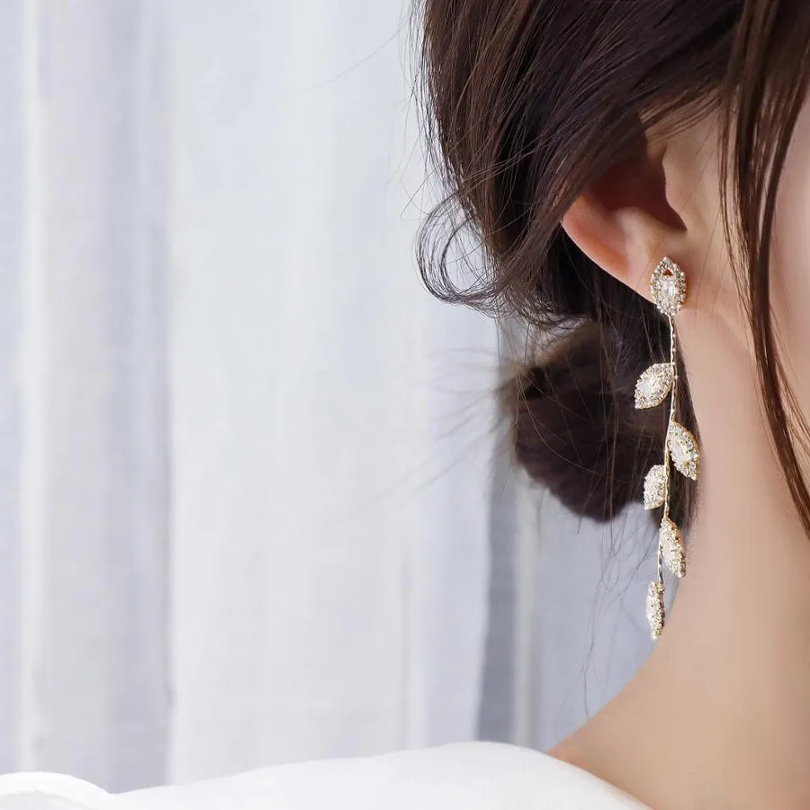 Authentic Pave Crystal Leaf Branch Long Dangle Earrings 925 Sterling Silver Post Korean Gentle Wedding Luxury Slim Face Women Jewelry