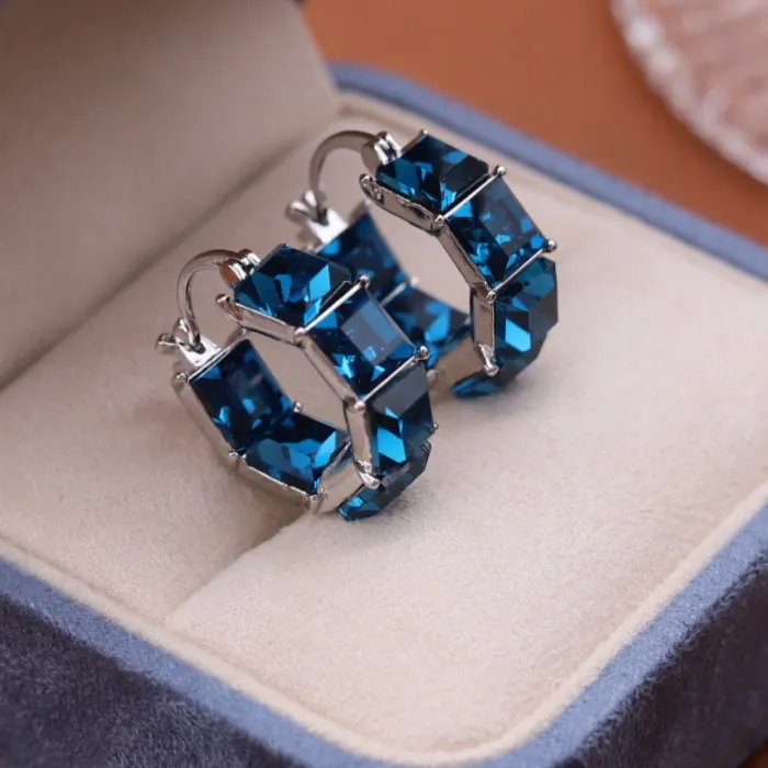Authentic 2025 Korean new design fashion jewelry luxury square blue crystal hoop earrings elegant women's daily work accessories