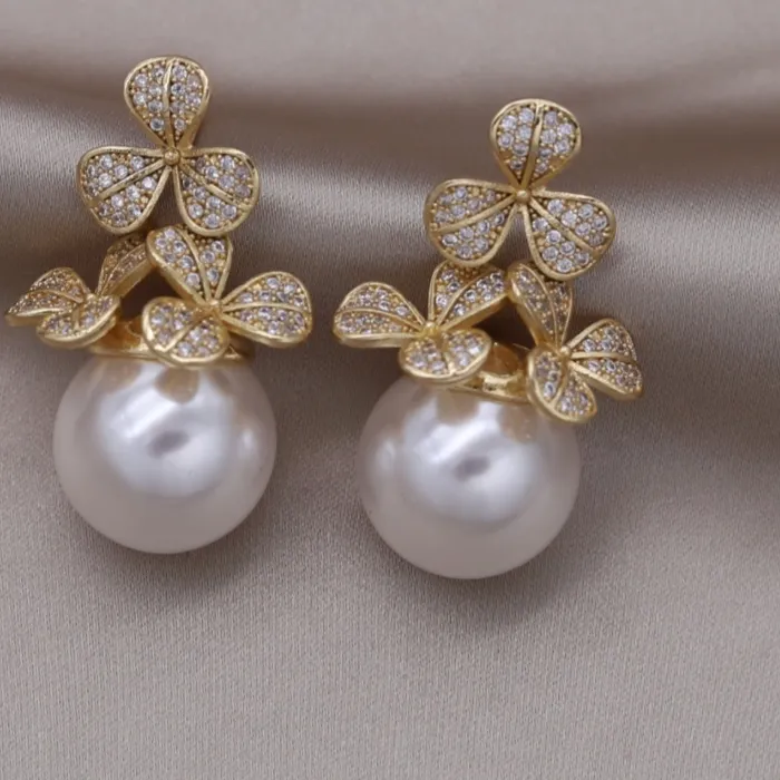 Authentic French new design fashion jewelry 18K gold plated flower zircon pearl earrings elegant women's evening party accessories
