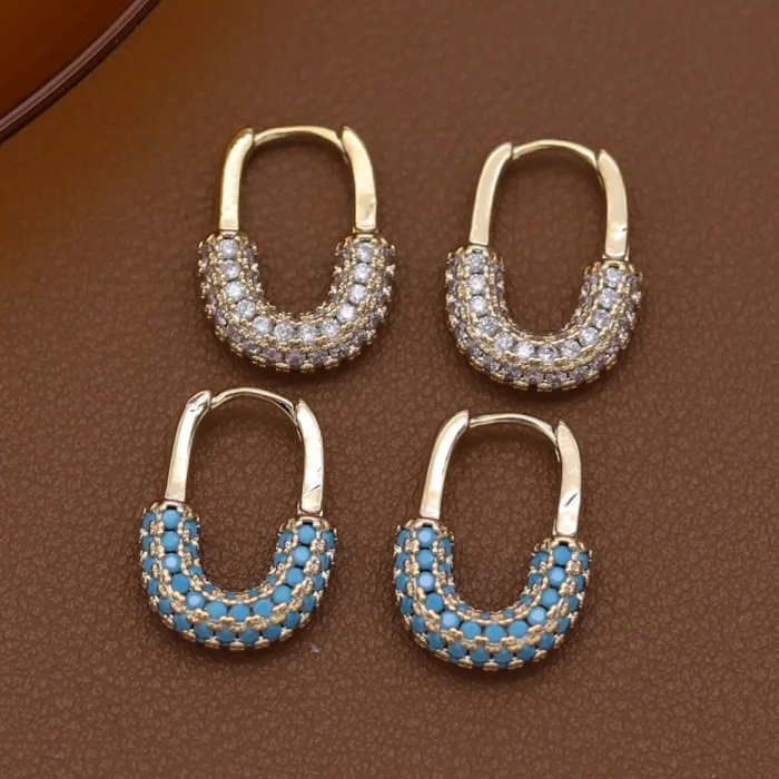 Authentic Korean new design fashion jewelry 14K gold plated simple U-shaped blue zircon earrings elegant women's daily work accessories
