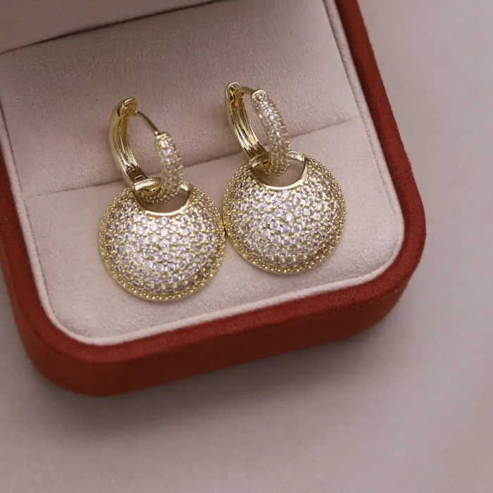 Authentic Korean new design fashion jewelry 14K gold plated round zircon pendant earrings elegant women daily work accessories