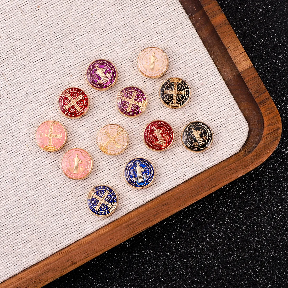 Authentic A 12-Piece Set of Multi-Color Oil Drip Saint Benedict Straight Hole Medal Necklace, Bracelet, Pendant and Accessory