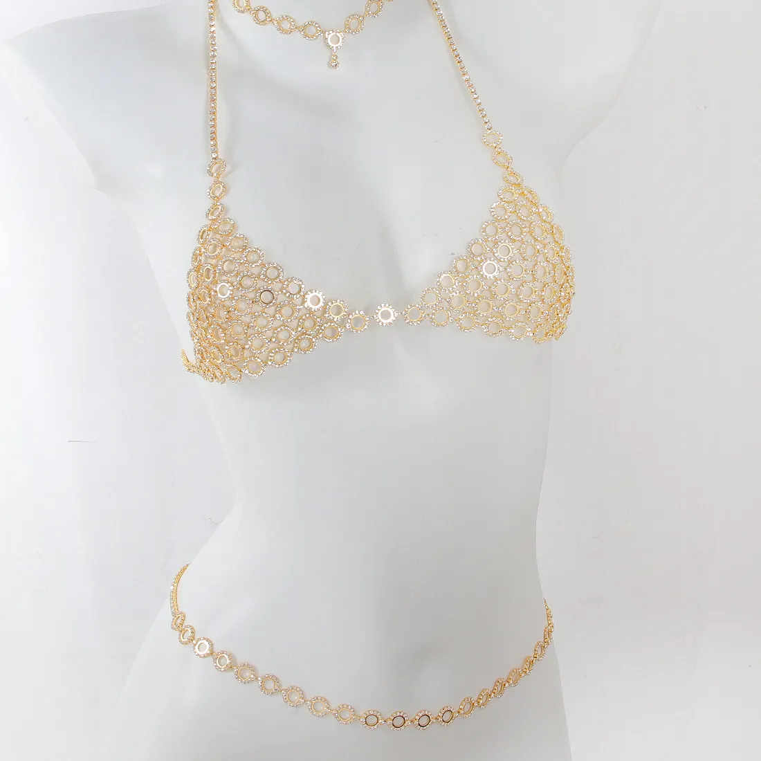 Authentic Fashionable Circular Splicing Light Luxury Style Rhinestone Bra Waist Chain Necklace Three Piece Set Body Chain Jewelry