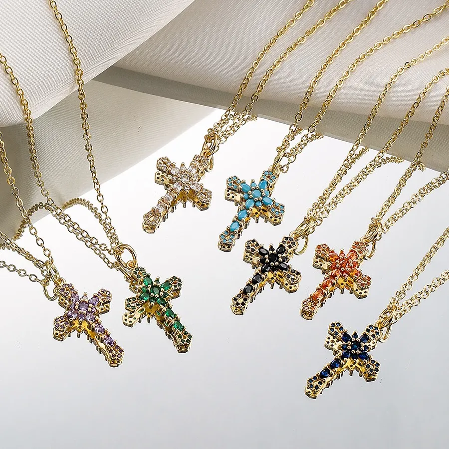 Authentic 18k Gold Plated Stone Zircon Cross Necklace Our Lady Choker Jesus Clavicle Chain For Women Amulet Collars Jewelry Gifts
