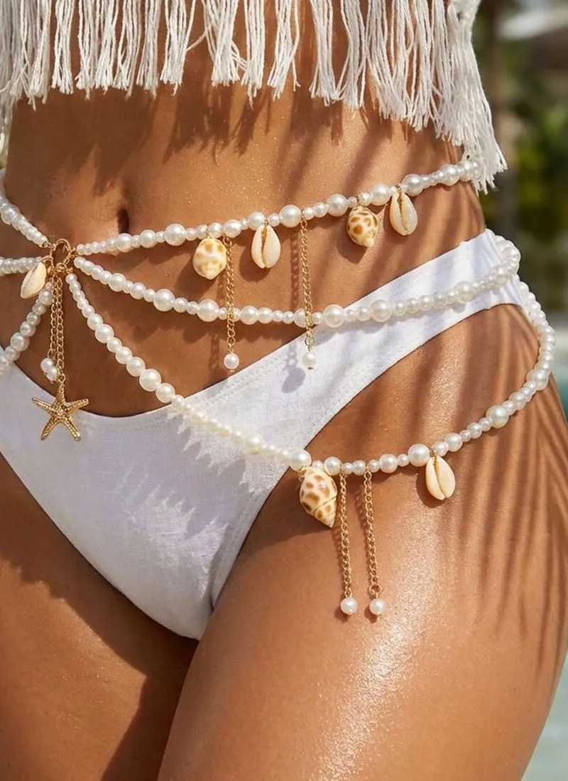 Authentic Three-layer beaded waist chain with pearls and starfish for beach wear and summer body jewelry