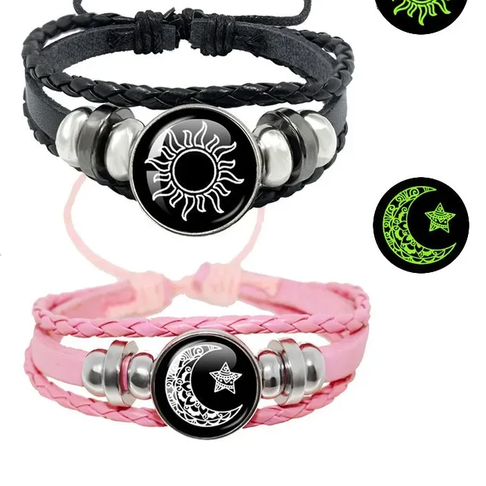 Authentic 2pcs/set Sun and Moon Lovers Leather Bracelet Punk Multi-Layered Beaded Braided Adjustable Bracelet Set For Couple Jewelry