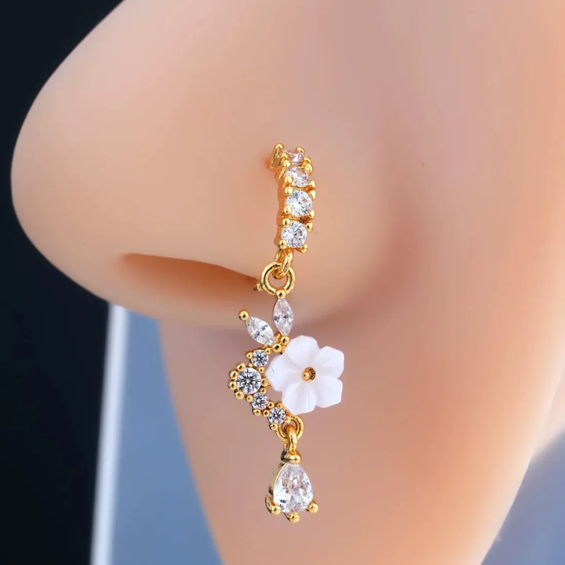 Authentic Gold Flower Nose Ring with Dangle CZ Crystal Teardrop Nose Hoop 18G Surgical Cottagecore Fairycore Aesthetic Jewelry